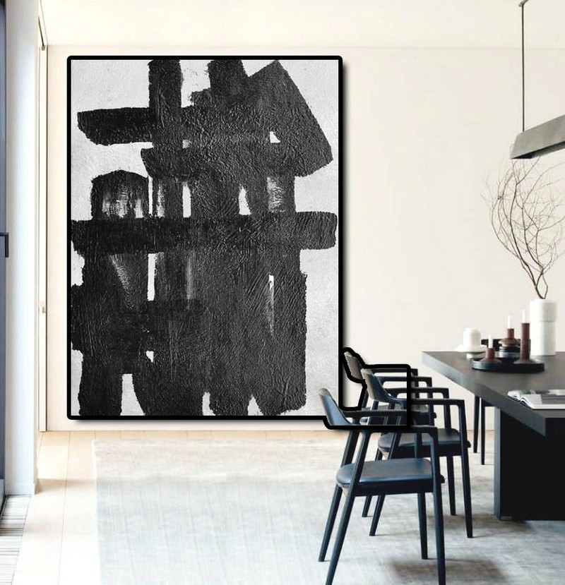 Large Abstract Art Handmade Oil Painting,Black And White Minimal Painting On Canvas - Giant Wall Decor